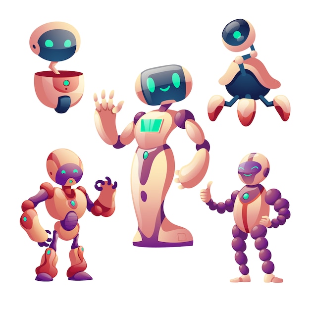 Free Vector robots set, humanoid cyborgs with face, body, arms