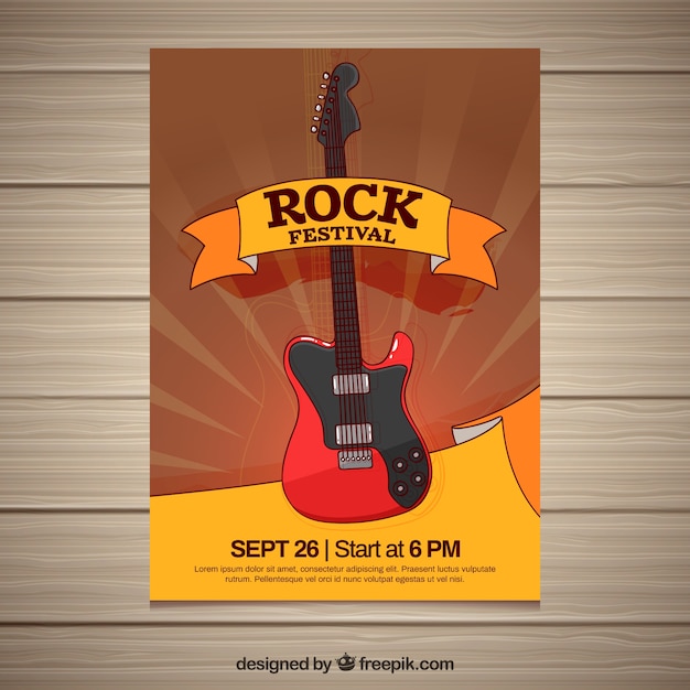 Free vector rock fest poster with hand drawn guitar