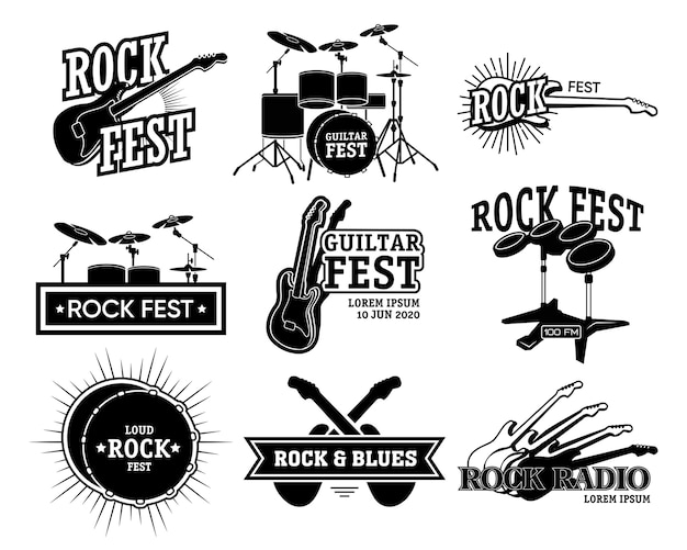 Rock music retro emblem collection. Monochrome isolated illustrations of guitar and drums, rock fest and radio text. For concert announcement, blues band poster templates