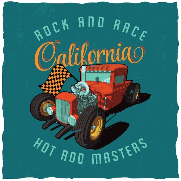 Free Vector rock and race california poster with image of car on the blue field