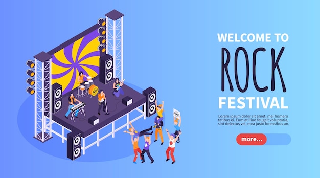 Free Vector rock star horizontal banner with metal concert symbols isometric vector illustration