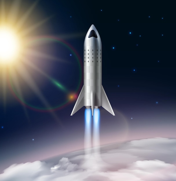 Free Vector rocket launch composition realistic with view of stratosphere with sun stars and futuristic flying rocket image 