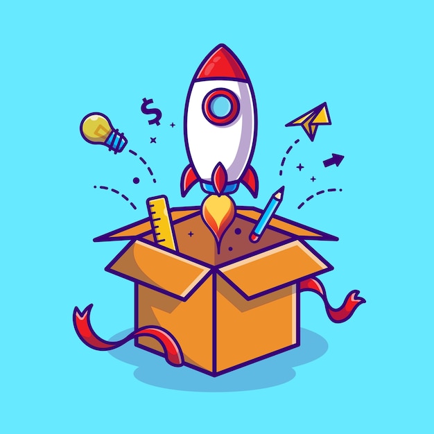 Rocket Launch From Box Cartoon  Icon Illustration. Business Technology Icon Concept 