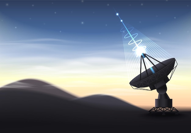 Free vector rocket spacecraft realistic composition with sundown landscape and futuristic antenna sending laser signal to outer space vector illustration