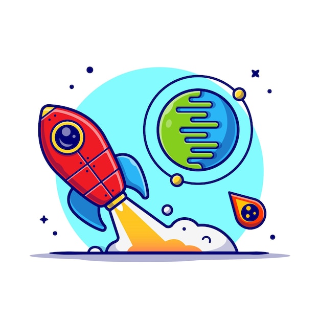 Rocket Taking Off with Planet and Meteorite Cartoon Icon Illustration.