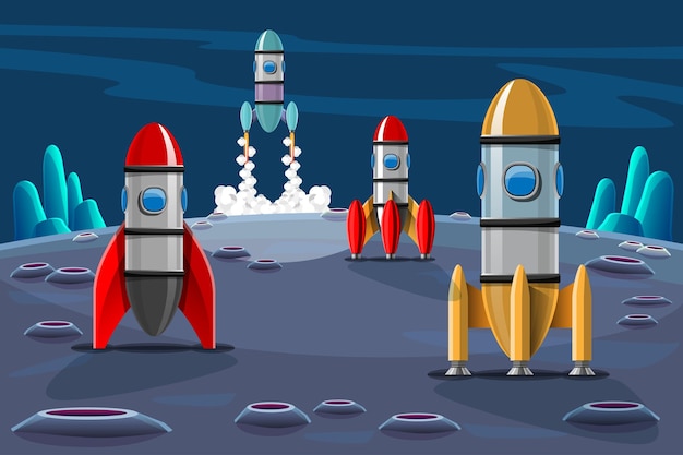 Free vector rockets are launched  from station to outer space. rocket launch isolated set. space mission rockets with smoke. illustration in 3d style