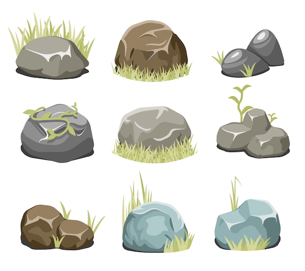 Free Vector rocks with grass, stones and green grass. nature rock, illustration outdoor, environment plant vector. vector rocks and vector stones