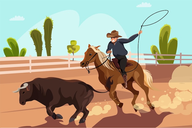 Free vector rodeo competition illustration cartoon cowboy riding horse on arena following bull with lasso