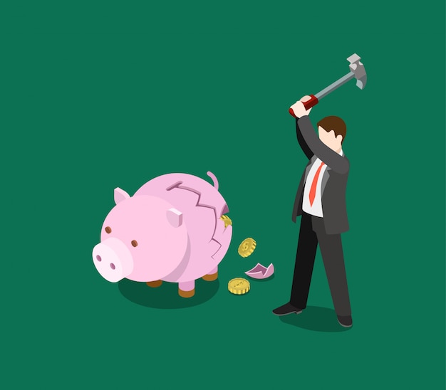 ROI return on investment business financial money monetary saving concept isometric   illustration Man crash moneybox piggy bank coin fall out