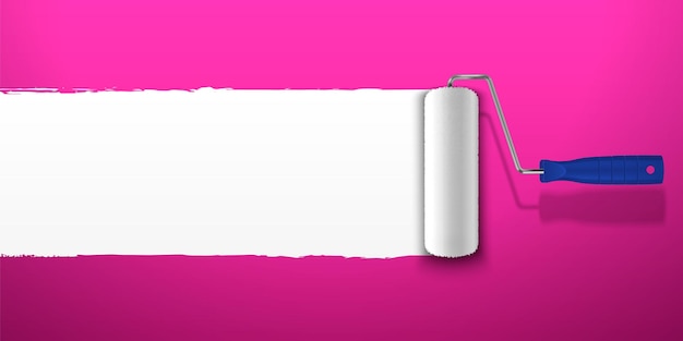 Free Vector roller painting white strip on bright pink background realistic vector illustration