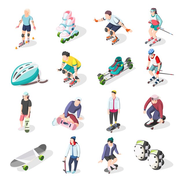 Roller And Skateboarders Isometric Icons