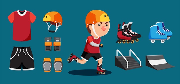 Roller skating athletics player cartoon and equipment set such as roller skate helmet shoes slope rink