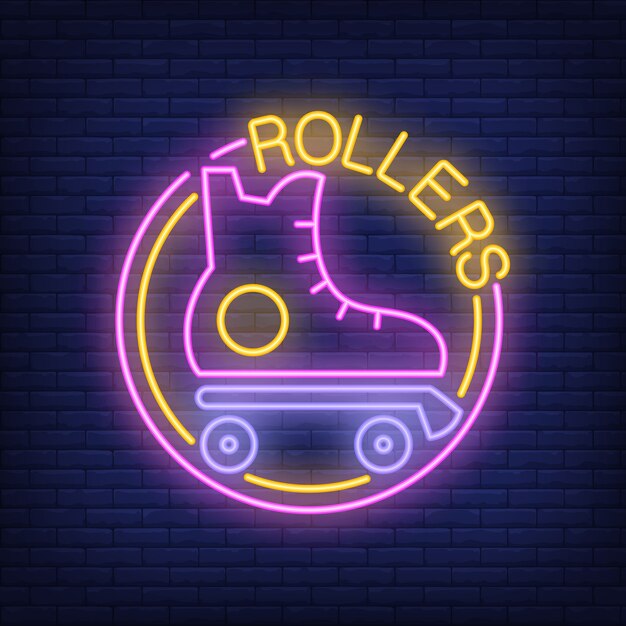 Rollers neon word with roller skate logo. Neon sign, night bright advertisement