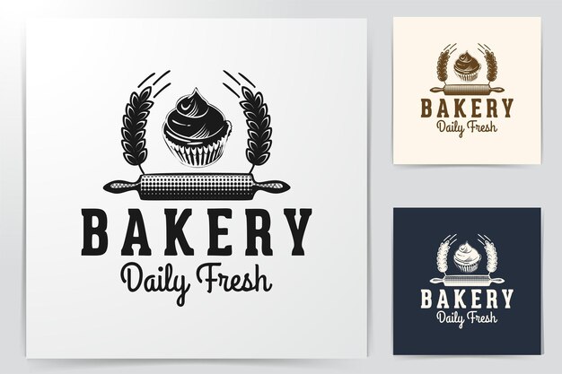 Rolling pin, cupcake, and wheat, bakery logo Designs Inspiration Isolated on White Background