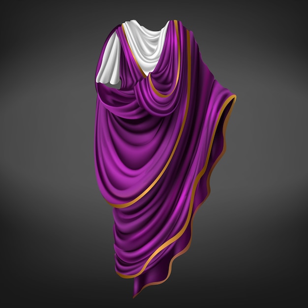 Free Vector roman toga. ancient rome commander or emperor dress male made of white, purple piece of fabric with golden border draped around body, folded gown, historical costume. realistic 3d vector illustration