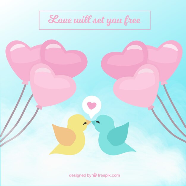 Romantic background with birds and balloons