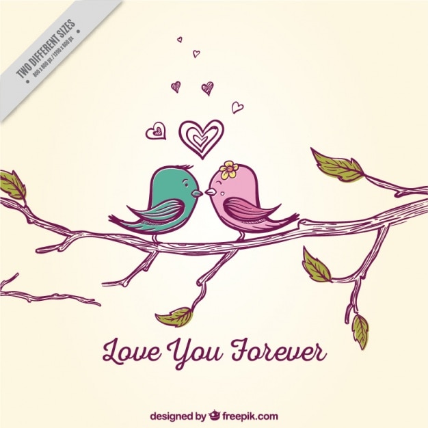 Romantic background with cute birds on a branch