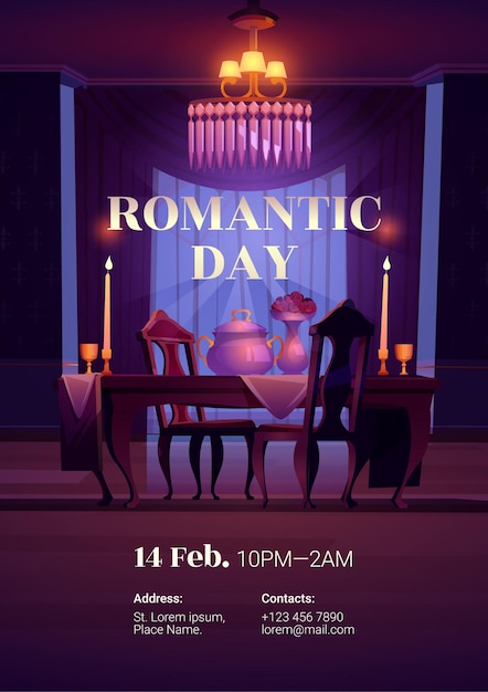 Romantic dinner for couple on date. cartoon poster with dining table, chairs, candles, flowers and chandelier in empty restaurant room