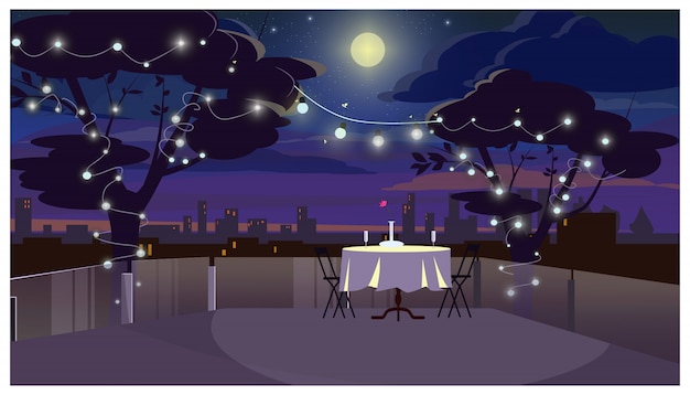 Romantic dinner on roof with served table illustration