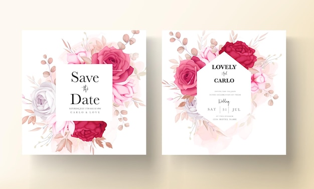 Free Vector romantic hand drawn maroon floral wedding invitation card