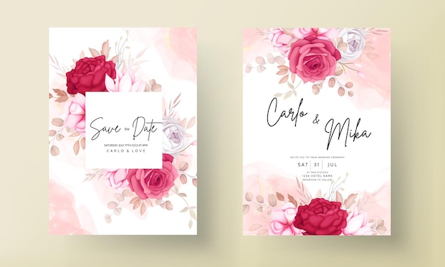 romantic hand drawn maroon floral wedding invitation card