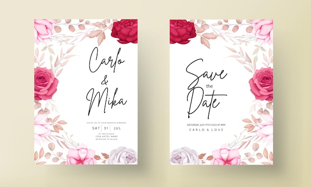 Free Vector romantic hand drawn maroon floral wedding invitation card