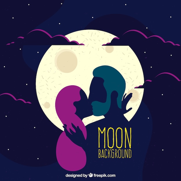 Free vector romantic moon background and couple kissing