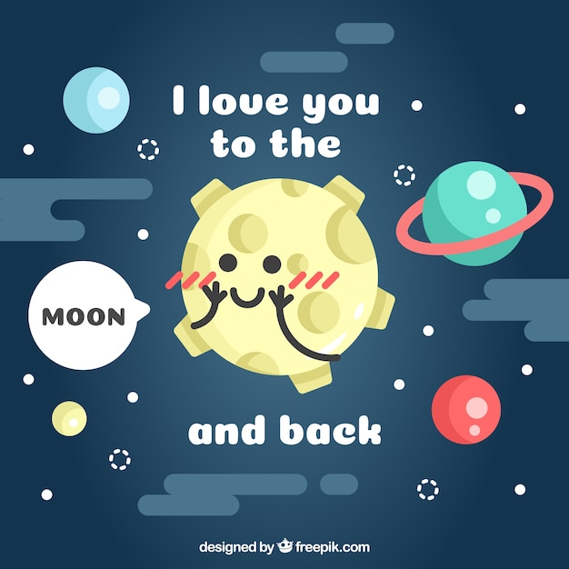 Romantic moon background with planets in flat design