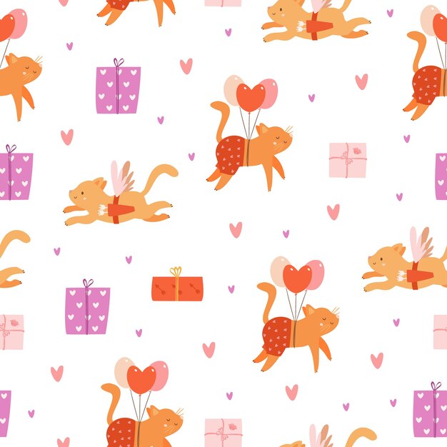 romantic pattern with cats and gifts