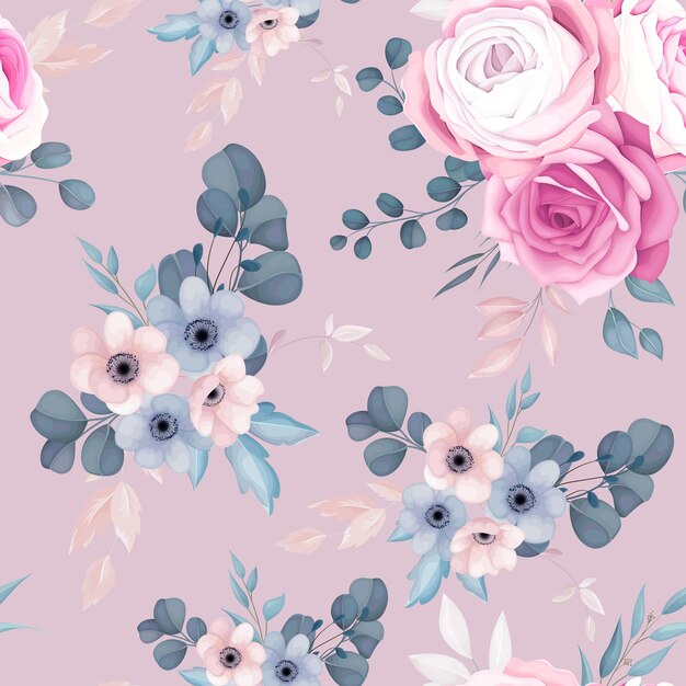 romantic pink and navy floral seamless pattern