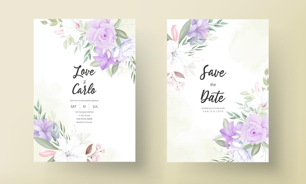 Romantic purple floral wedding invitation card template