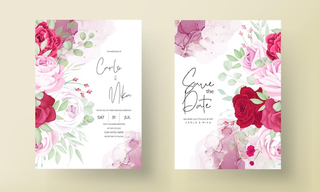 Romantic red and pink floral wedding invitation template with alcohol ink background