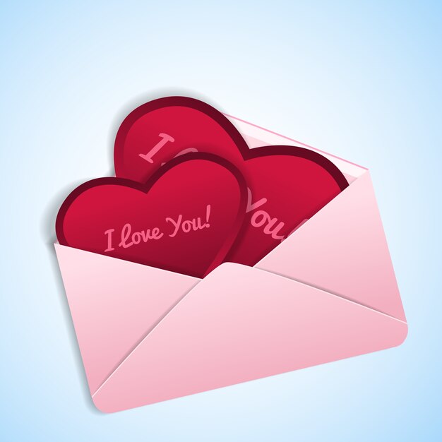 Romantic valentines in shape of red hearts with love confessions in pink envelope illustration