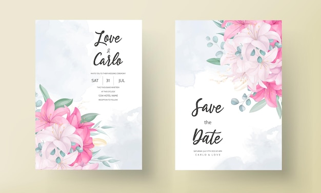 Romantic wedding invitation card with beautiful lily floral and leaves