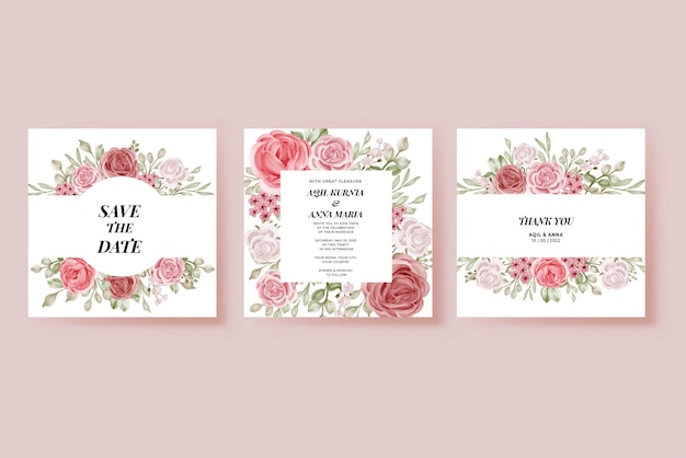 Romantic Wedding Invitation Set Rose Flower Template