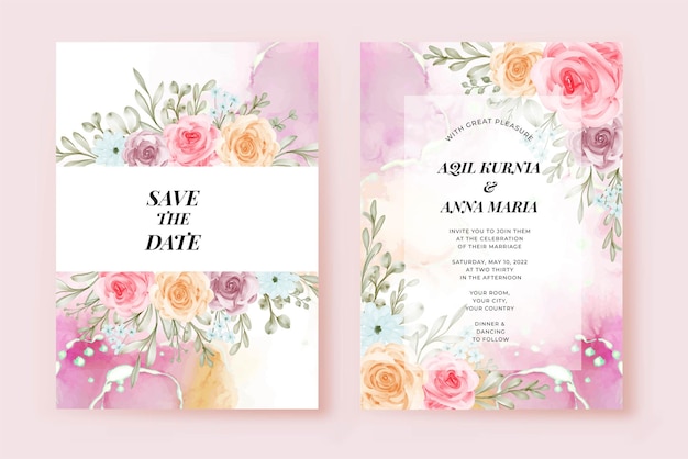 Romantic Wedding Invitation Set Rose Flower Template