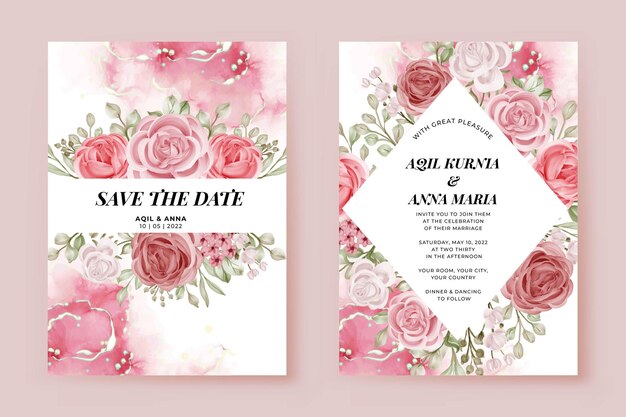 Romantic Wedding Invitation Set Rose Pink Flower Template