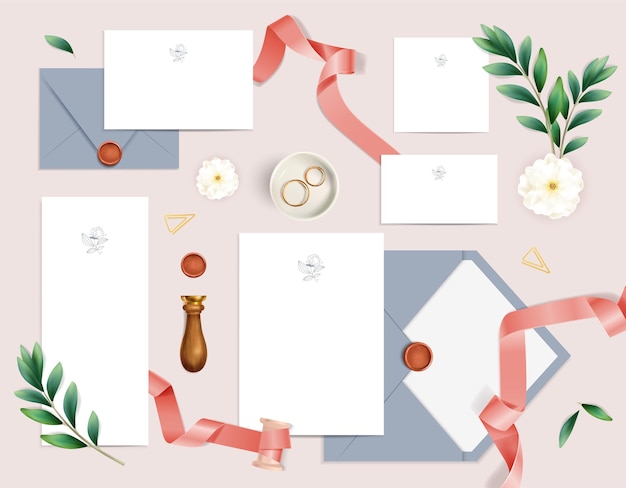 Romantic wedding invitation set with blank cards envelopes seal flowers rings ribbons realistic isolated