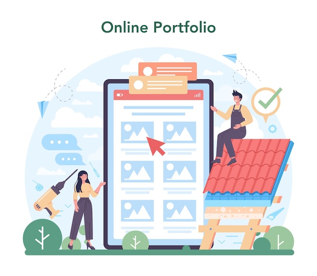 Roof construction worker online service or platform Building fixing and house renovation Rooftop tile applying Online portfolio Flat vector illustration