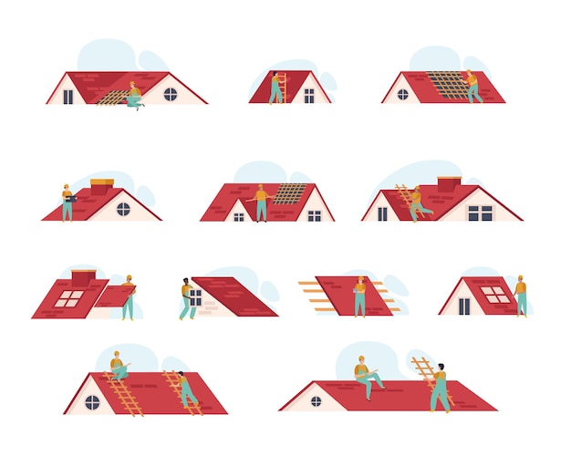 Free Vector roof set with blank background and isolated icons of house tops with characters of working people vector illustration