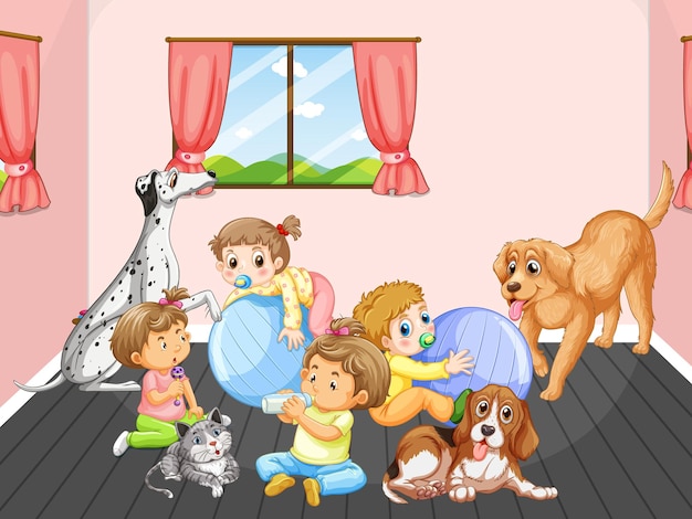 Free Vector room scene with babies playing with dogs