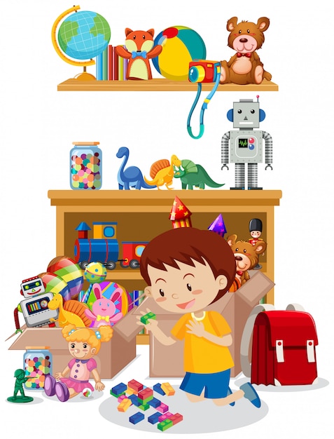 Free Vector room with boy playing toys on the floor