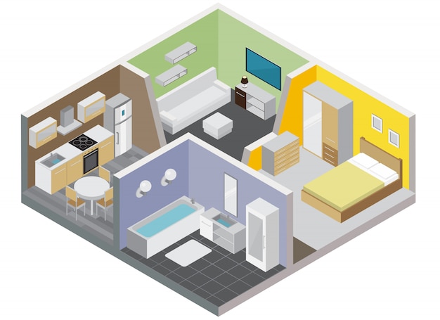 rooms apartment concept with kitchen bathroom bedroom and living room isometric