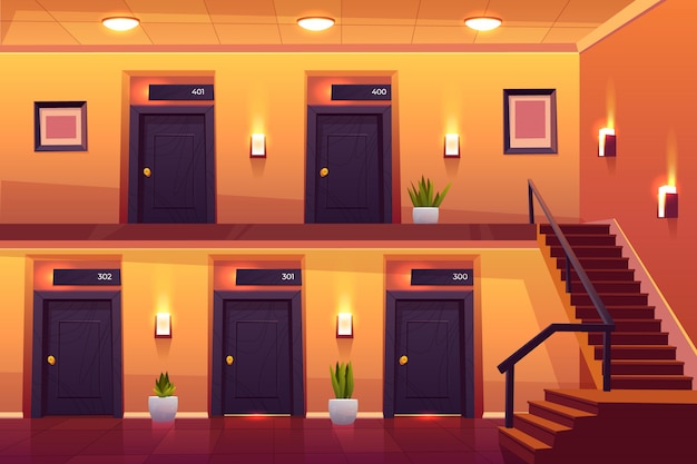 Free Vector rooms in hotel corridor with stairs on second floor