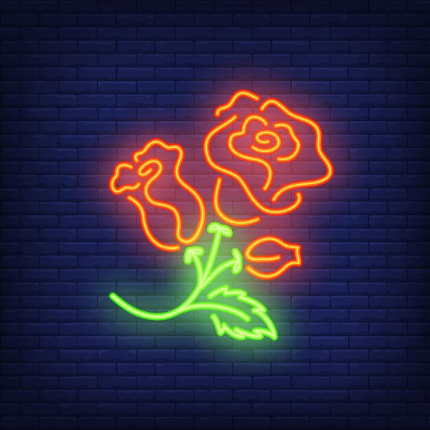 Rose bush neon sign element. Flower concept for night bright advertisement.