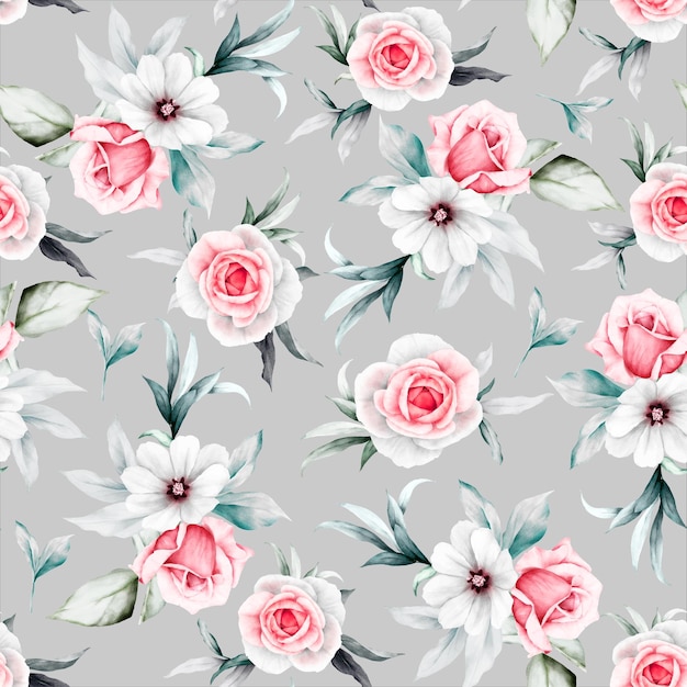 Free Vector rose flowers and leaves painting watercolor floral seamless pattern