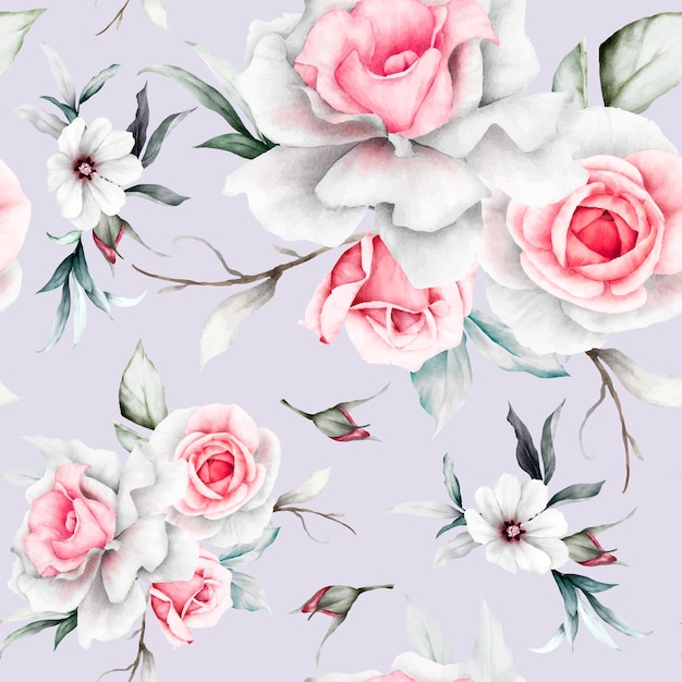 Free Vector rose flowers and leaves painting watercolor floral seamless pattern