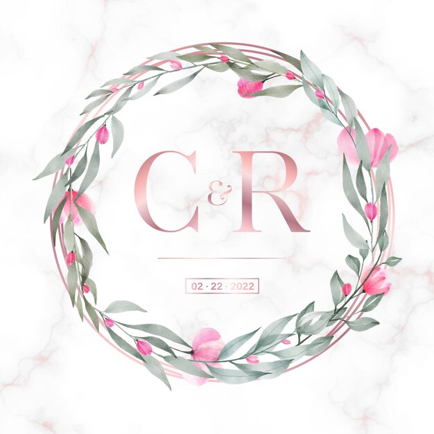 Rose gold circle frame with floral on marble background for wedding monogram logo and invitation card