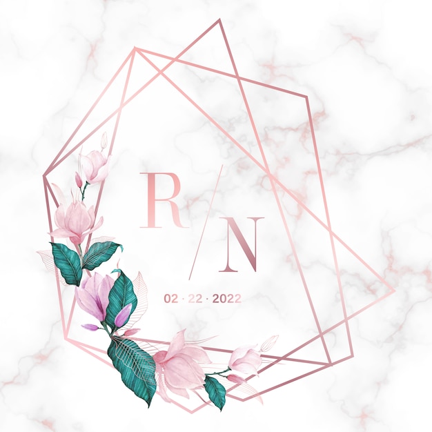 Free Vector rose gold geometric frame with flower on marble background for wedding monogram logo and invitation card