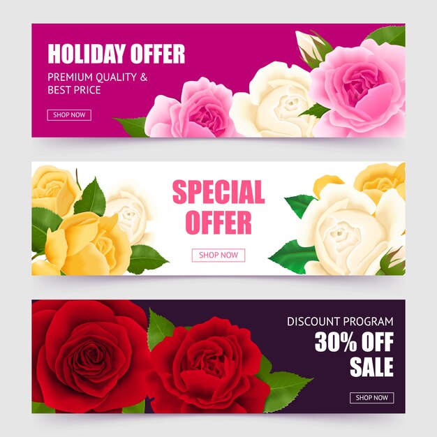 Rose horizontal banners set with special offer symbols realistic isolated